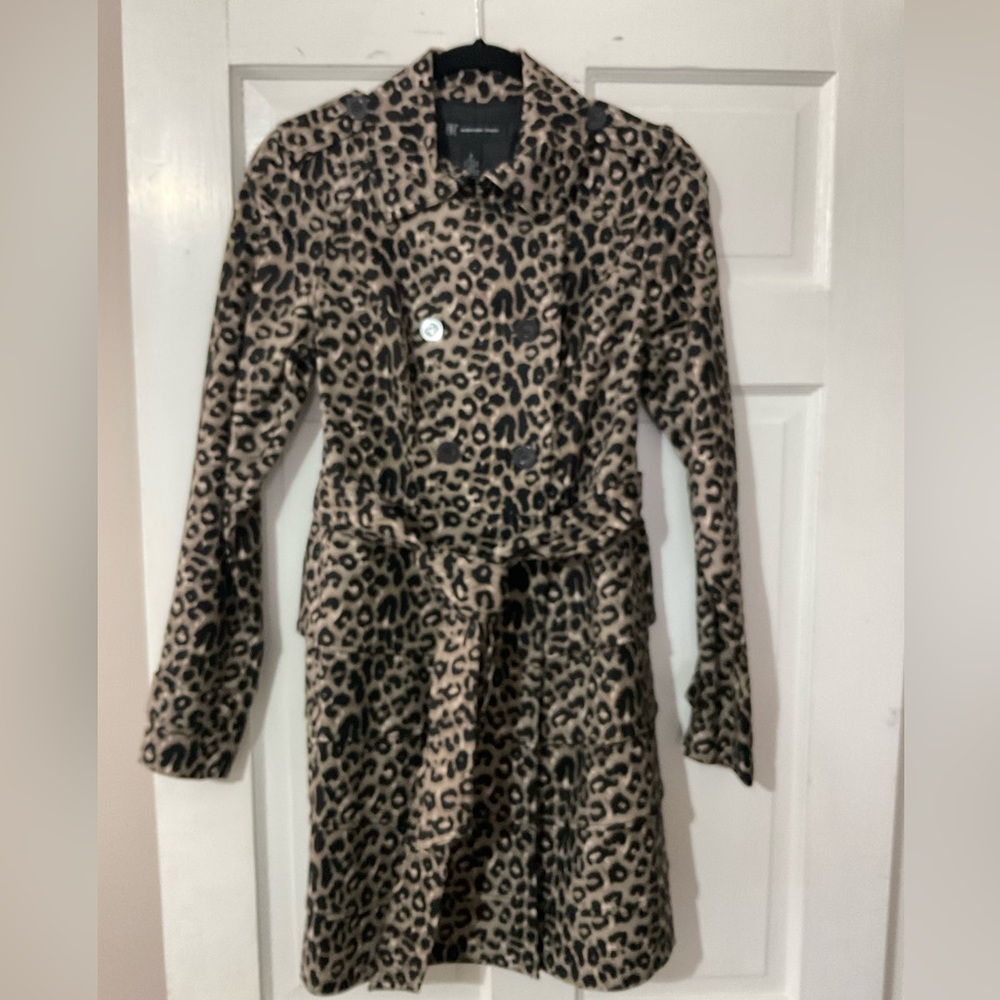 Animal Print Double Breasted Trench Coat with Pleat Detail